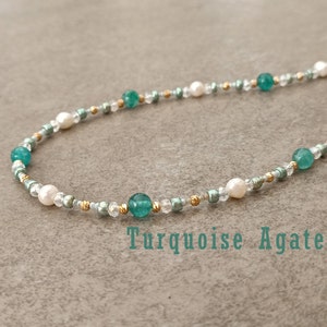 Pretty Green Quartz Necklace Womens and Freshwater Pearl Necklace Womens and Green Beaded Necklace Women and Cute Beach Necklace Women Turquoise Agate