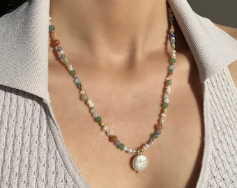 Cute Many Color Quartz Necklace Women and Mother of Pearl Pendant Necklace Women and Multicolor Agate Necklace Women and Rainbow Necklace