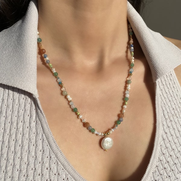 Cute Many Color Quartz Necklace Women and Mother of Pearl Pendant Necklace Women and Multicolor Agate Necklace Women and Rainbow Necklace