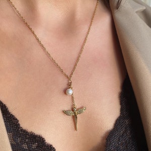 Angel Wings Pendant Gold Necklace Women, Lariat Pearl Chain Necklace Womens, 14K Gold Filled Stainless Steel Chain Necklace, Chain Necklace