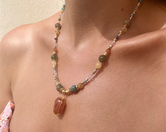 Natural Carnelian Agate Pendant Necklace Women Boho Beaded Necklace for Wİfe Vintage Style Necklace Sister Sunstone Necklace Gift for Mother