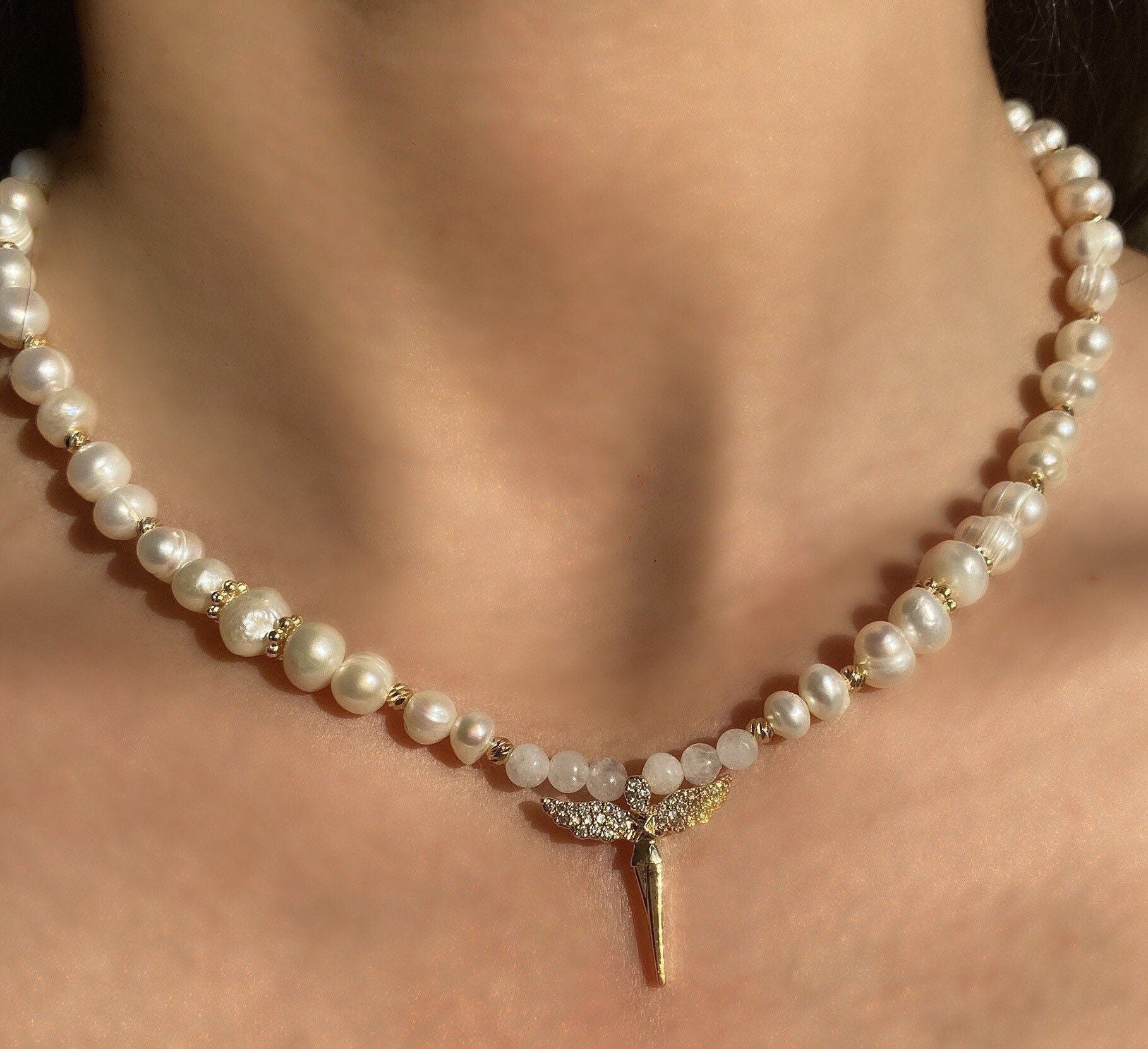 Angel Wings Gold Pendant Necklace Women 8mm Freshwater Pearl