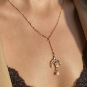 Dainty Gold Bird Pendant Necklace Women, Real Pearl Necklace Womens, Y necklace Pearl, 14k Gold Flying Birds Filled Stainless Steel Chain
