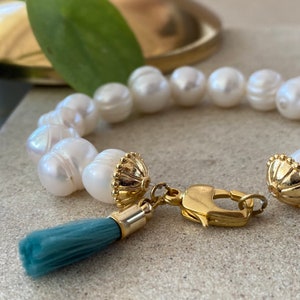 Large Pearl Bracelet Women Tassel Bracelet with Natural White Pearl Bead Bracelet Chunky Freshwater Pearl Bracelet White Gold Bead Bracelet