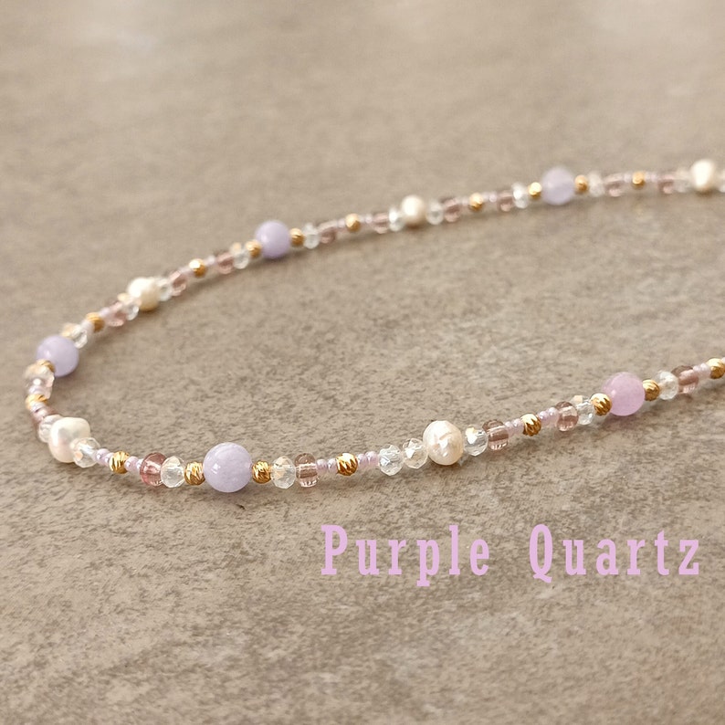 Pretty Green Quartz Necklace Womens and Freshwater Pearl Necklace Womens and Green Beaded Necklace Women and Cute Beach Necklace Women Purple Quartz