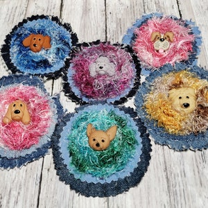 Distressed Denim Jacket Pin, Handmade Denim Pin,  Denim Pin With Dog Face, Distressed Denim Pin.