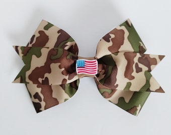 Camouflage Print Bow, Army Inspired Hair Bow, Camo Hair Clip Bow, Army Hair Bow, Patriotic Camouflage Bow, Large Hair Bows.