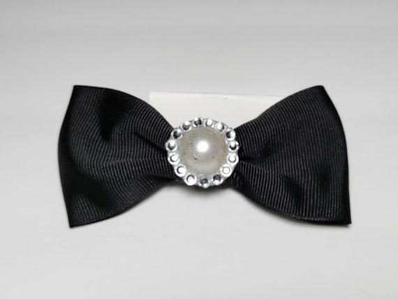 Black satin hair bow with rhinestone embellishment and pearl ￼ Amazon.com : Jumwrit Black Satin Hair Bow Clip Shiny  main image 2