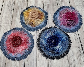 Upcycled Denim Rose Brooch Pin: Distressed Corsage