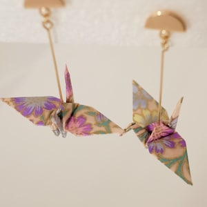 Origami crane long drop lightweight earrings made from Japanese Washi paper in 18K Nickel free Gold Plated Semi Circle Ear Stud