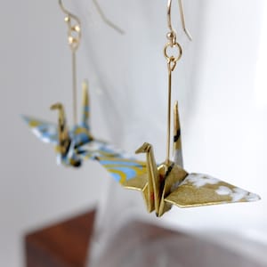 Origami crane dangling earrings made from Japanese Washi paper on Ear wires or Ball studs, Bird paper crane earrings, Unique Gift for her