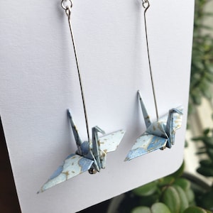Light blue Origami crane earrings, Spring color earrings, Gold filled ear wire earrings, Sterling silver studs with dangling bird