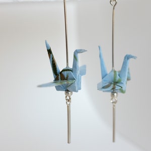 Origami crane dangling earrings with bar/leaf charm made from Japanese Yuzen Washi paper with Sterling silver Ball posts, Gift for her