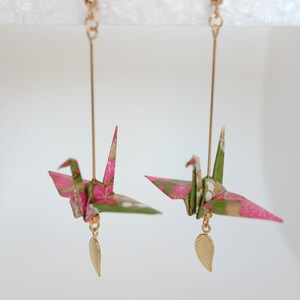 Origami crane earrings with leaf charm, Paper crane earrings made from Japanese washi paper, Paper Anniversary gift, First Anniversary Gift