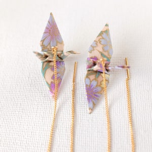 Dangling Origami earrings made from Japanese Washi paper, 18K Gold Threader earrings, Lilac color earrings, Spring theme paper earrings