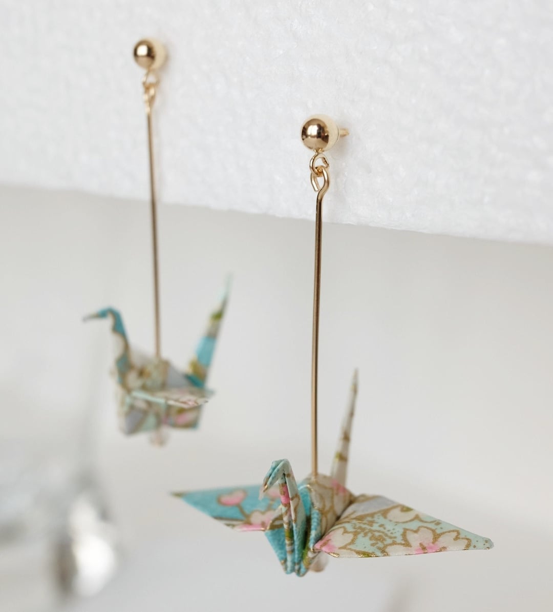 Origami Crane Dangling Earrings Made From Japanese Yuzen Washi Paper