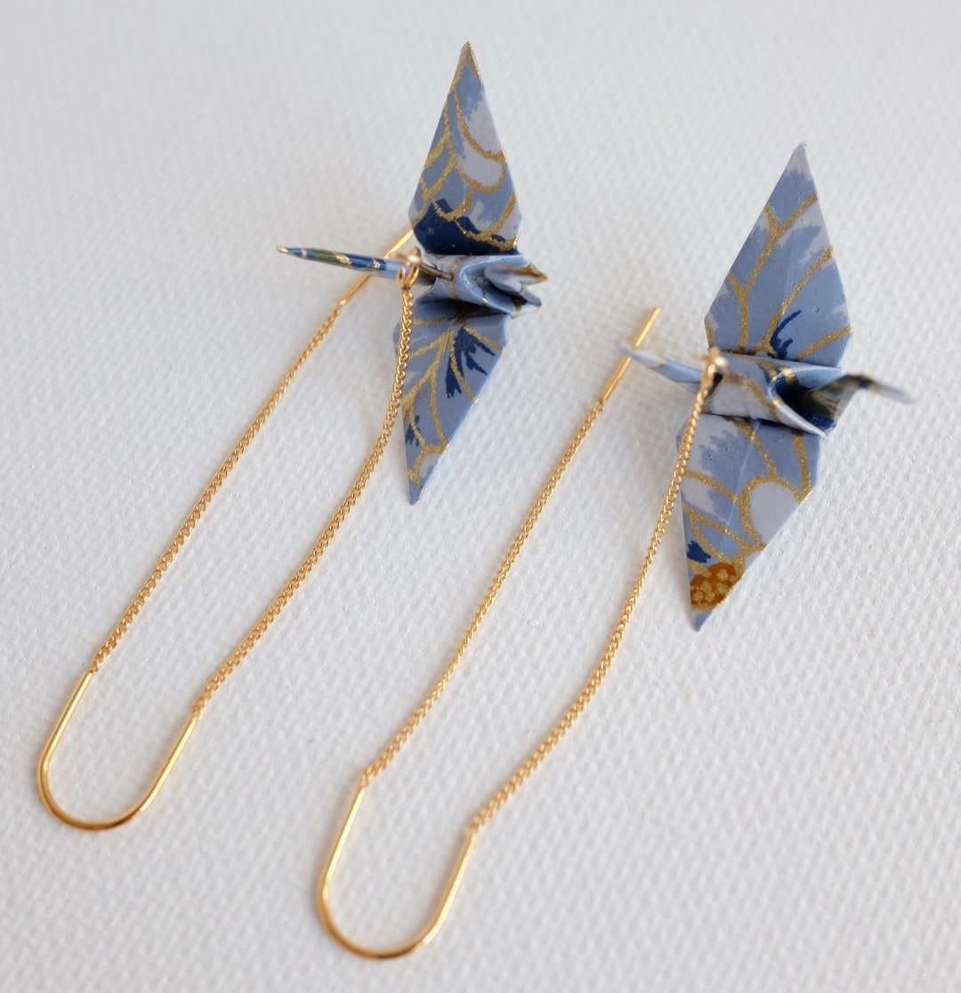 Dangling Origami Paper Crane Earrings 18k Gold Threader Handmade From