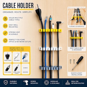 May include: Cable holder organizing various cables. The image shows yellow, white, and gray cable organizers holding black, blue, and white cables. Text on the image says "Organize. Route. Simplify."