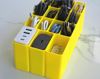USB Cable Organizer Box | 15-Compartment Desktop Storage for Cables & Chargers
