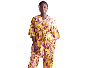Yellow and Pink Floral Kimono and Pants Matching Set - Beach Wear - Resort Wear - Summer Wear