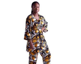 Yellow, Black and White Kimono and Pants Matching Set - Beach Wear - Resort Wear - Summer Wear