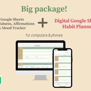 Può includere: Un pacchetto digitale di Google Sheets per computer e telefoni. Il pacchetto include un pianificatore di abitudini verde e bianco e un tracker di gratitudine, affermazioni e umore verde e bianco. L'immagine mostra uno schermo di computer e uno schermo di telefono che mostrano i fogli di calcolo.