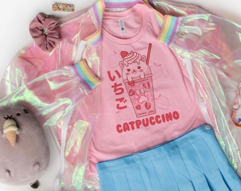 Cute Strawberry Catpuccino T-Shirt, Japanese Kawaii Unisex Tee, Soft Cotton