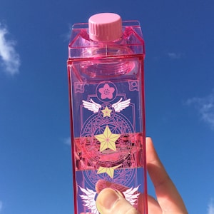 Cute Card Sakura Design Milk Carton Water Bottle, Kawaii Water Bottle, 16.9 oz Bottle, Magical Girl Design