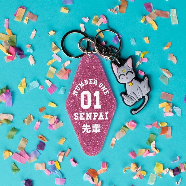 Number One Senpai Glitter Motel Keychain, Cute Retro style Kawaii Anime Keychain Gift