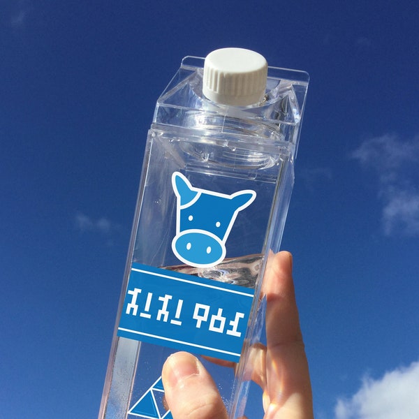 Cute Ranch Video Game Milk Carton Water Bottle, Kawaii Water Bottle, 16.9 oz Bottle, Blue Cow