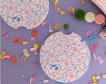 Cute Zodiac Animals Ceramic Car Coasters, Set of 2 Car Drink Holder Coasters, Cute Kawaii Anime Car Decor Coasters