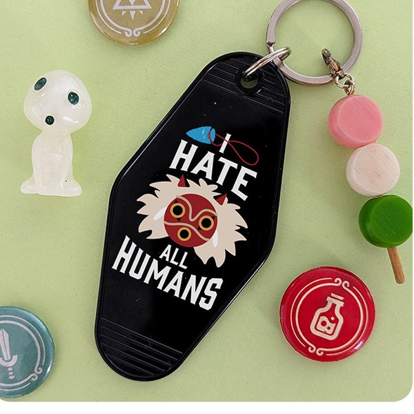 I Hate All Humans Motel Keychain, Cute Retro style Nerd Geek Anime Keychain Gift