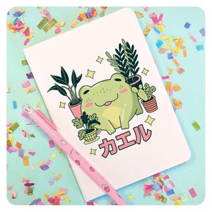 Kawaii Frog with Plants Journal, Cute Kawaii Style Notebook, Japanese Cartoon Style Gift For Friend