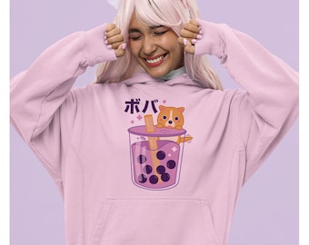 May include: A pink hoodie with a graphic of a cartoon dog in a cup of boba tea. The text "ボバ" is printed on the hoodie.