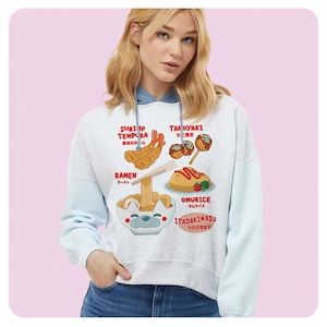 Kawaii Fried Foods Women&#39;s Colorblock Crop Hoodie, Kawaii Anime Hooded Sweatshirt, Cute Foodie Fashion Hoodie