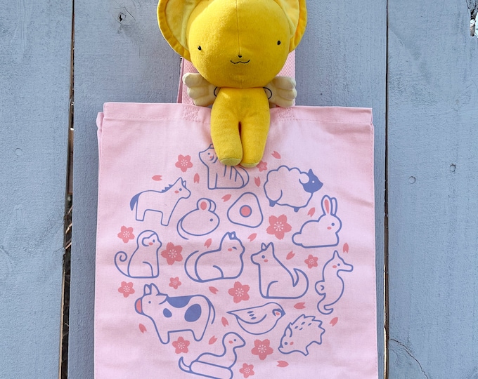Cute Zodiac Animals Tote Bag, 14'' Wide Gusseted Shopping Bag, Kawaii Anime Tote Bag