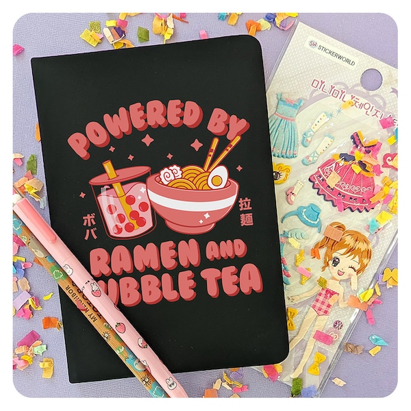 Powered by Ramen and Bubble Tea Journal, Cute Lined Notebook, Japanese Cartoon Style Gift For Friend