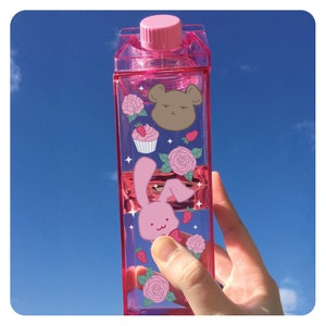 Bunny and Bear Dessert Pattern Milk Carton Water Bottle, Kawaii Water Bottle, 16.9 oz Bottle, Cute Anime Design