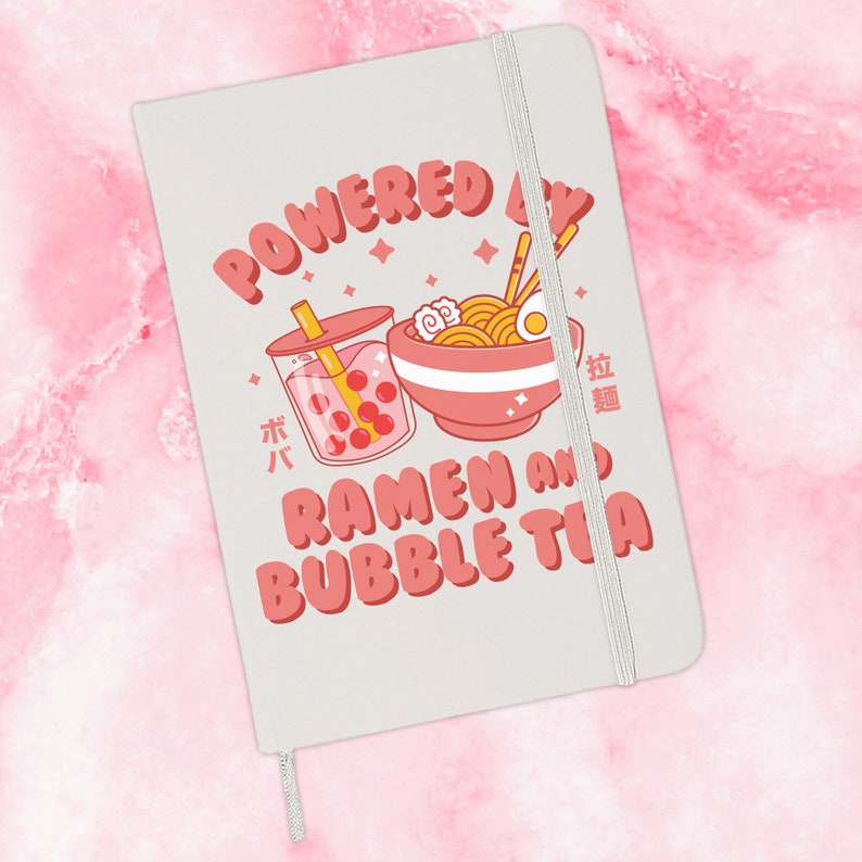 Powered by Ramen and Bubble Tea Journal, Cute Lined Notebook, Japanese Cartoon Style Gift For Friend White