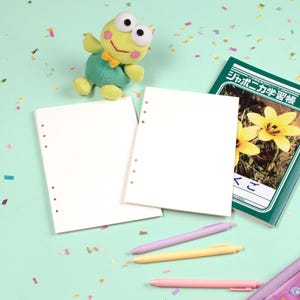 Peut inclure: Un ensemble de papeterie comprenant une peluche grenouille, du papier &agrave; grille de points vierge, un livre d'apprentissage de la langue japonaise et trois stylos pastel. Les articles sont dispos&eacute;s sur une surface vert clair avec des confettis color&eacute;s.