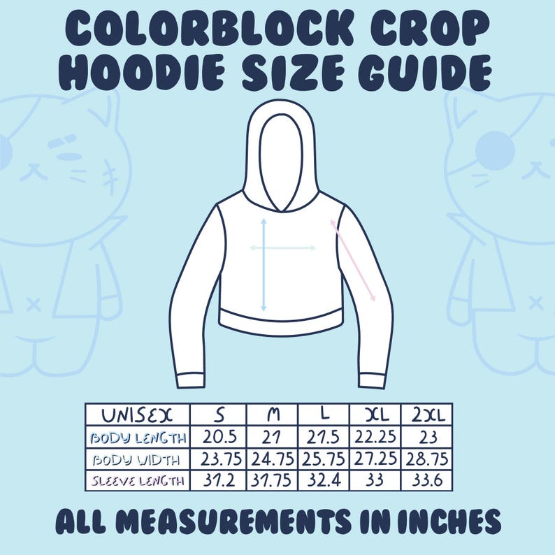 May include: A size guide for a colorblock crop hoodie. The image features a line drawing of the hoodie with measurements in inches. The size chart includes unisex sizes S to 2XL, with body length, body width, and sleeve length measurements.