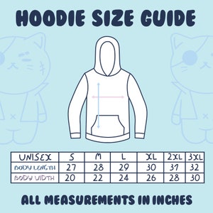 May include: Unisex hoodie size chart with measurements in inches for body length and width. Sizes include S, M, L, XL, 2XL, and 3XL.