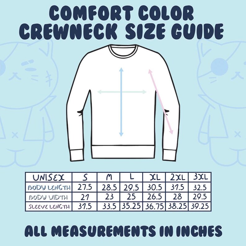 May include: Size chart for a unisex crewneck sweatshirt in sizes S through 3XL. Measurements are listed in inches for body length, body width, and sleeve length.