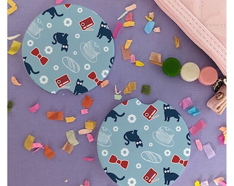 Jiji Bakery Pattern Ceramic Car Coasters, Set of 2 Car Drink Holder Coasters, Cute Kawaii Anime Car Decor Coasters