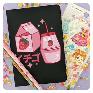 Strawberry Milk Notebook Journal, Cute Kawaii Style Notebook, Japanese Cartoon Style Gift For Friend