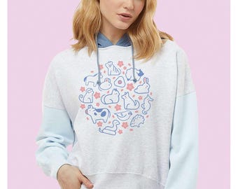 Cute Zodiac Animals Women's Colorblock Crop Hoodie, Kawaii Anime Hooded Sweatshirt, Cute Shojo Fashion Hoodie