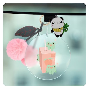Cute Frogs on Peach Juice Rearview Mirror Car Decor, New Driver New Car Kawaii Acrylic Car Decoration