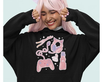 Cute Gamer Girl Icons Hoodie, Kawaii Hoodie, Japanese Graphic, Gamer Girl Hoodie