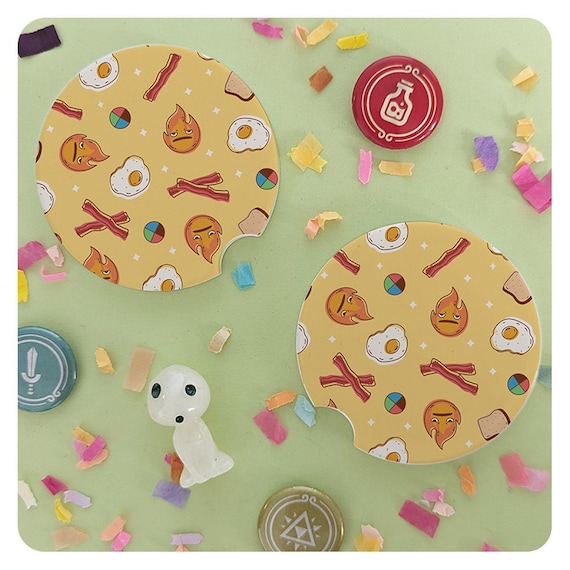Wizard Breakfast Pattern Ceramic Car Coasters, Set of 2 Car Drink Holder Coasters, Cute Kawaii Anime Car Decor Coasters
