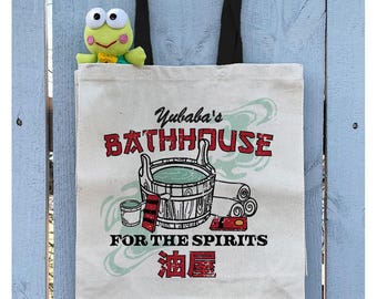 Sac fourre-tout Bathhouse for the Spirits à poignée contrastante, sac à provisions à soufflet de 15 po. de large, sac fourre-tout anime